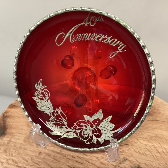 Vintage - Ruby Red Bon Bon Dish - 40th Anniversary - Trimmed out in Silver - Picture 3 of 7